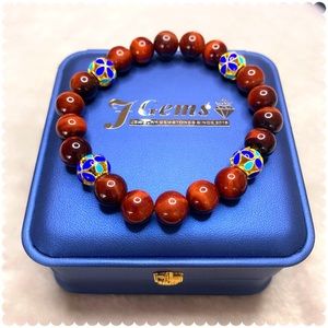 Tiger Eye Red Grade A3 10mm Cloisonné Gold Plated Charm Bracelet